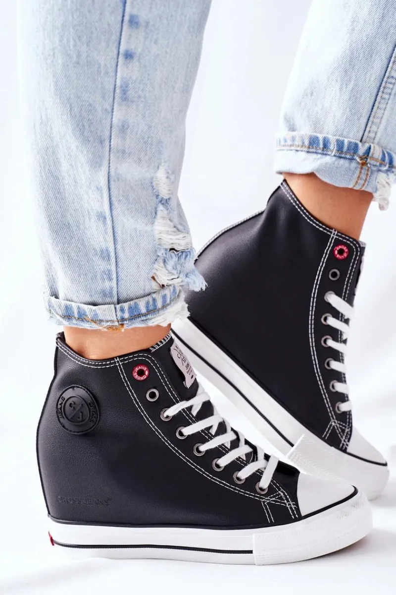 Outlet Skórzane Trampki Na Koturnie II2R4025 Czarne Damskie Trampki Damskie Cross Jeans|Sneakersy Damskie
