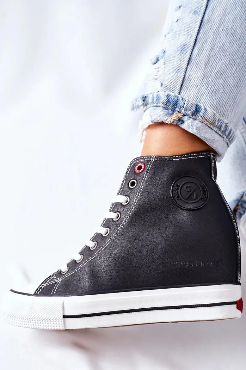 Outlet Skórzane Trampki Na Koturnie II2R4025 Czarne Damskie Trampki Damskie Cross Jeans|Sneakersy Damskie