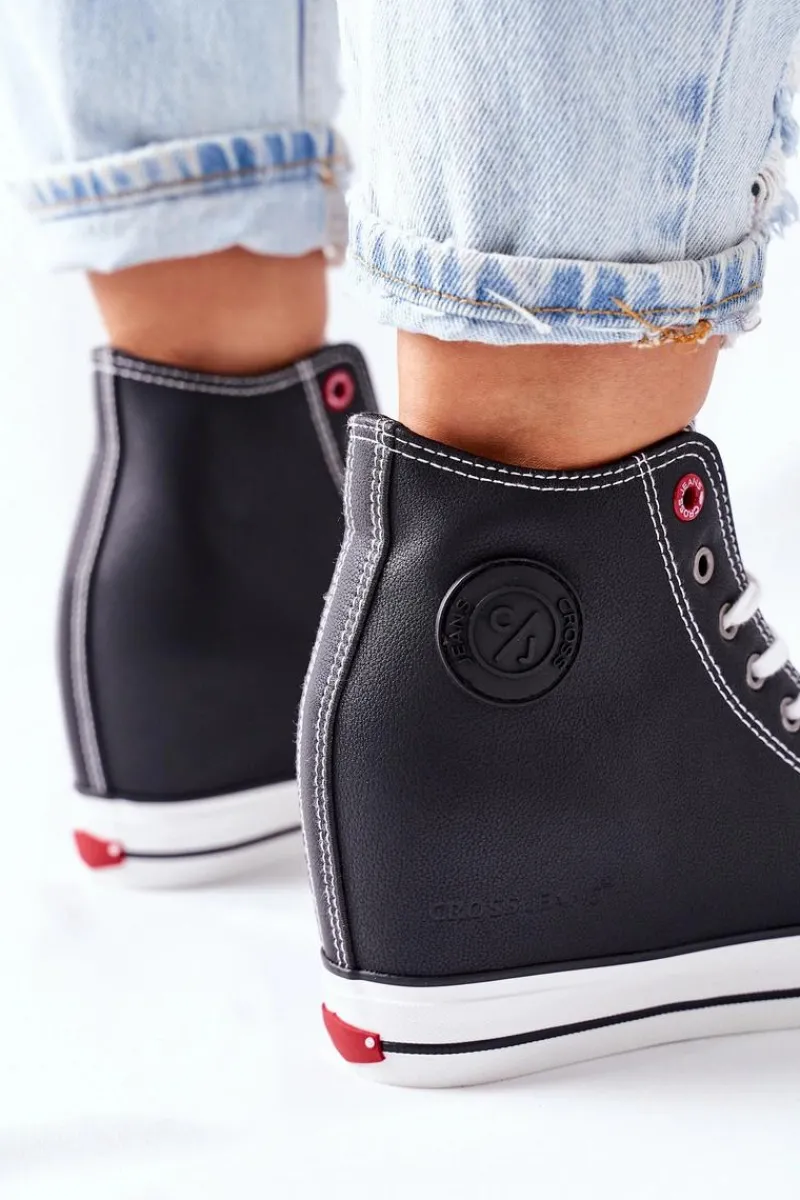 Outlet Skórzane Trampki Na Koturnie II2R4025 Czarne Damskie Trampki Damskie Cross Jeans|Sneakersy Damskie