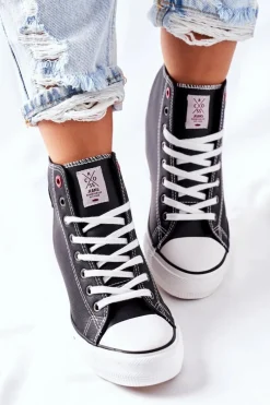 Outlet Skórzane Trampki Na Koturnie II2R4025 Czarne Damskie Trampki Damskie Cross Jeans|Sneakersy Damskie