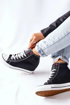 Outlet Skórzane Trampki Na Koturnie II2R4025 Czarne Damskie Trampki Damskie Cross Jeans|Sneakersy Damskie