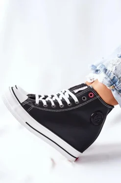 Outlet Skórzane Trampki Na Koturnie II2R4025 Czarne Damskie Trampki Damskie Cross Jeans|Sneakersy Damskie