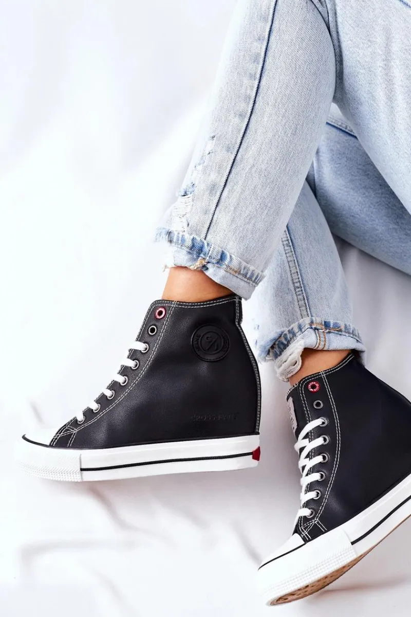 Outlet Skórzane Trampki Na Koturnie II2R4025 Czarne Damskie Trampki Damskie Cross Jeans|Sneakersy Damskie
