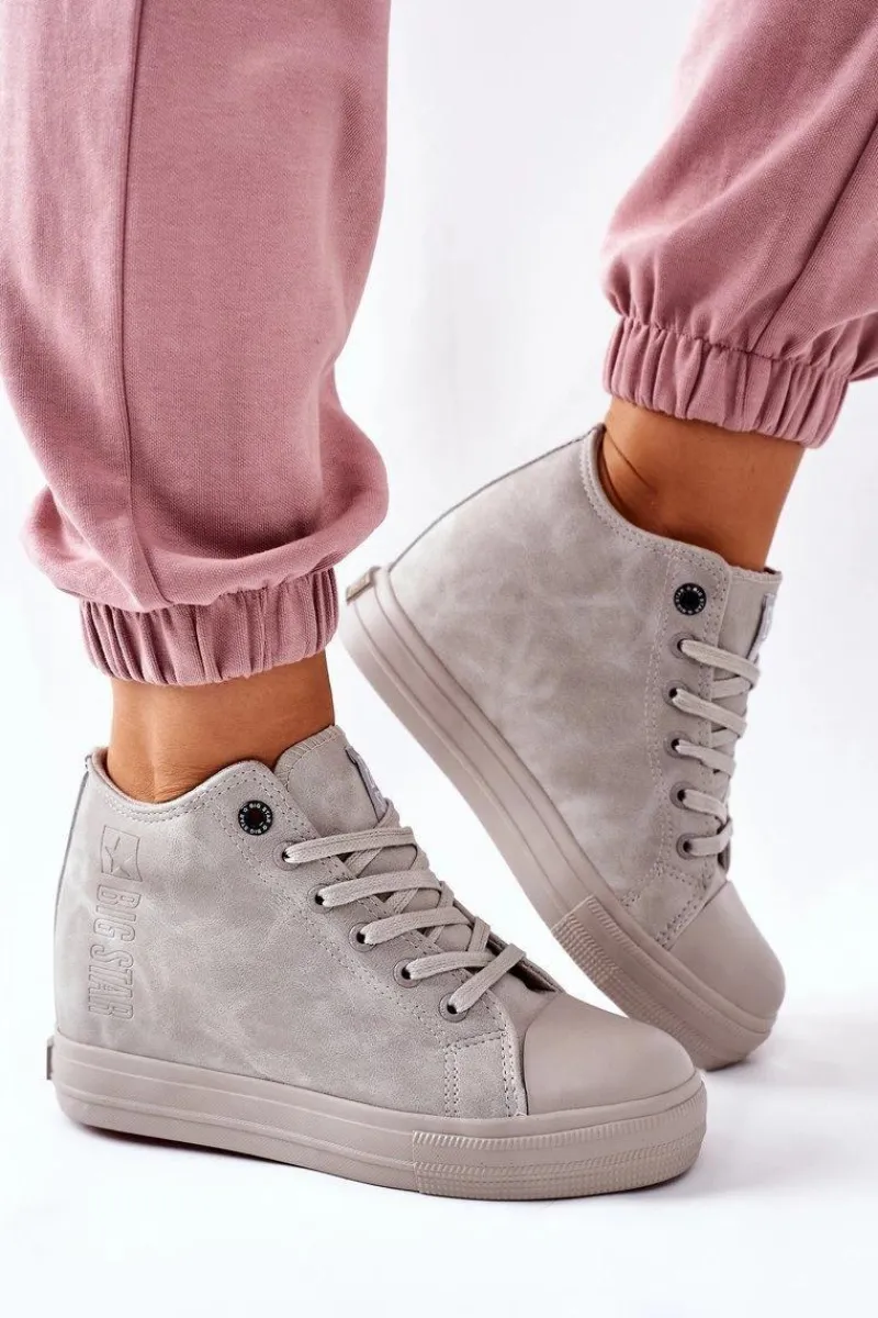 Trampki Damskie Big Star|Big Star>Big Star Shoes Skórzane Trampki Na Koturnie Big Star II274093 Szare