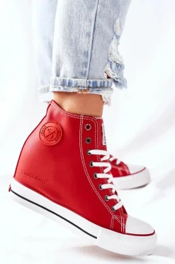 Trampki Damskie Cross Jeans|Sneakersy Damskie>Cross Jeans Skórzane Trampki Na Koturnie II2R4026 Czerwone