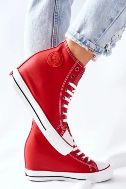 Trampki Damskie Cross Jeans|Sneakersy Damskie></noscript>Cross Jeans Skórzane Trampki Na Koturnie II2R4026 Czerwone