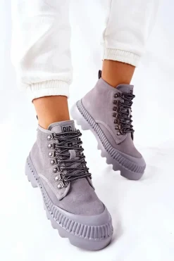 Big Star Shoes Skórzane Trapery Botki Big Star II274365 Szare