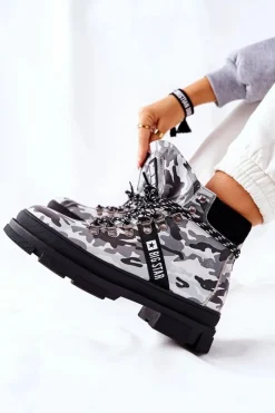 Discount Skórzane Trapery Botki Big Star II274368 Moro Czarne Damskie Damskie Trapery|Botki Skórzane