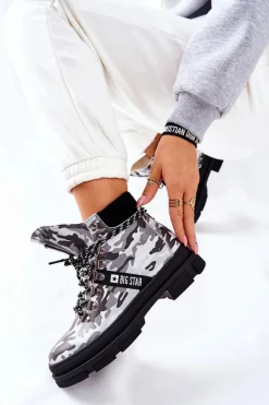 Discount Skórzane Trapery Botki Big Star II274368 Moro Czarne Damskie Damskie Trapery|Botki Skórzane