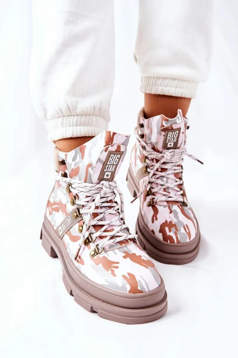 Skórzane Trapery Botki Big Star II274369 Moro Szare Damskie Damskie Trapery|Botki Skórzane