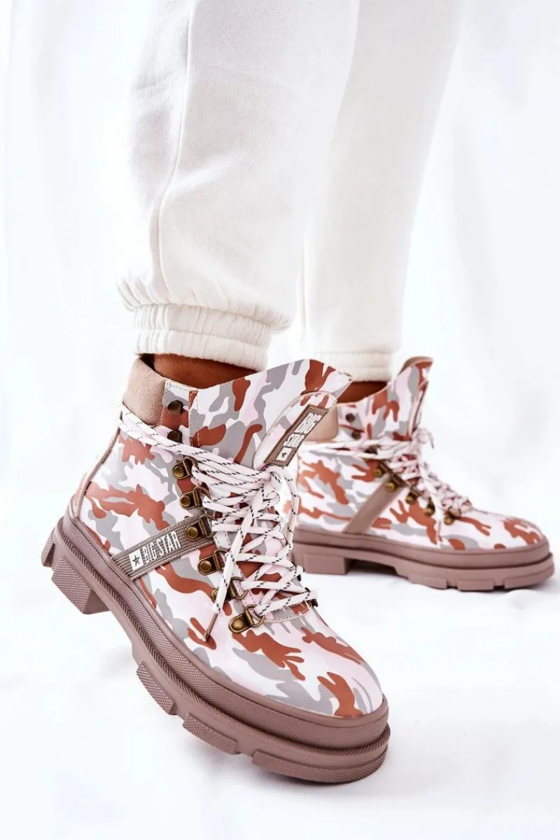 Skórzane Trapery Botki Big Star II274369 Moro Szare Damskie Damskie Trapery|Botki Skórzane