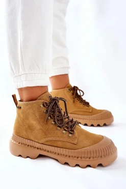 Damskie Trapery|Botki Sznurowane>Big Star Shoes Skórzane Trapery Botki Big Star II274366 Camel