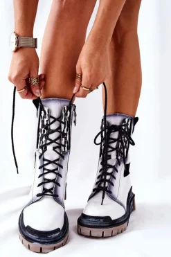 Outlet Skórzane Trzewiki Botki Ocieplane Białe 05113-11 Damskie Botki Maciejka|Botki Sznurowane