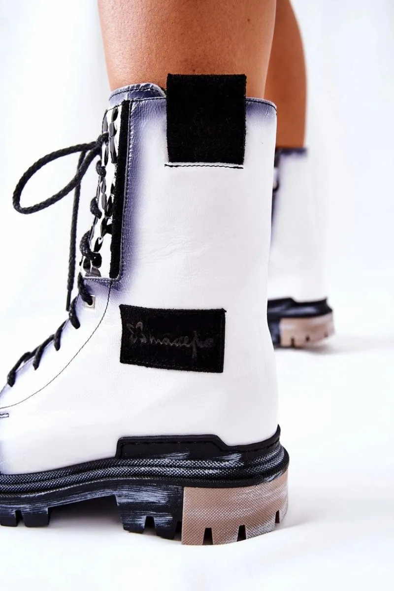 Outlet Skórzane Trzewiki Botki Ocieplane Białe 05113-11 Damskie Botki Maciejka|Botki Sznurowane
