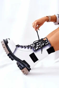 Outlet Skórzane Trzewiki Botki Ocieplane Białe 05113-11 Damskie Botki Maciejka|Botki Sznurowane