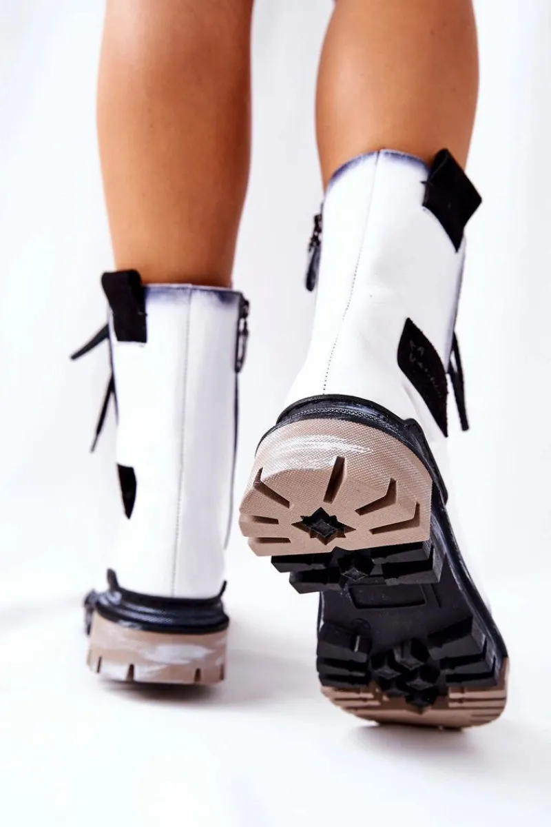 Outlet Skórzane Trzewiki Botki Ocieplane Białe 05113-11 Damskie Botki Maciejka|Botki Sznurowane