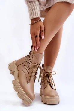Botki Wiosenne|Botki Skórzane>Boto Skórzane Workery Z Ażurowym Wzorem Beżowe Abilene