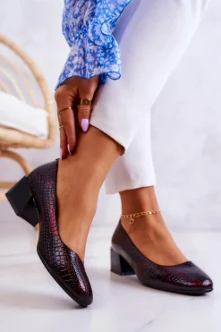 New Skórzane Wężowe Czółenka Bordowe Mesquite Damskie Czółenka Na Słupku