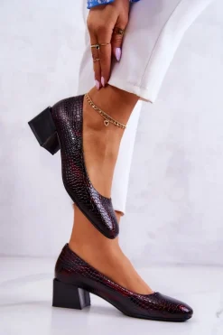 New Skórzane Wężowe Czółenka Bordowe Mesquite Damskie Czółenka Na Słupku