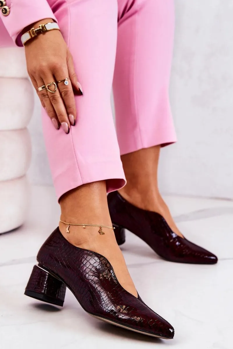 Czółenka Na Słupku>Boto Skórzane Wężowe Czółenka Bordowe Alissa