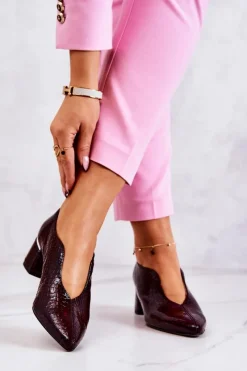 Czółenka Na Słupku>Boto Skórzane Wężowe Czółenka Bordowe Alissa