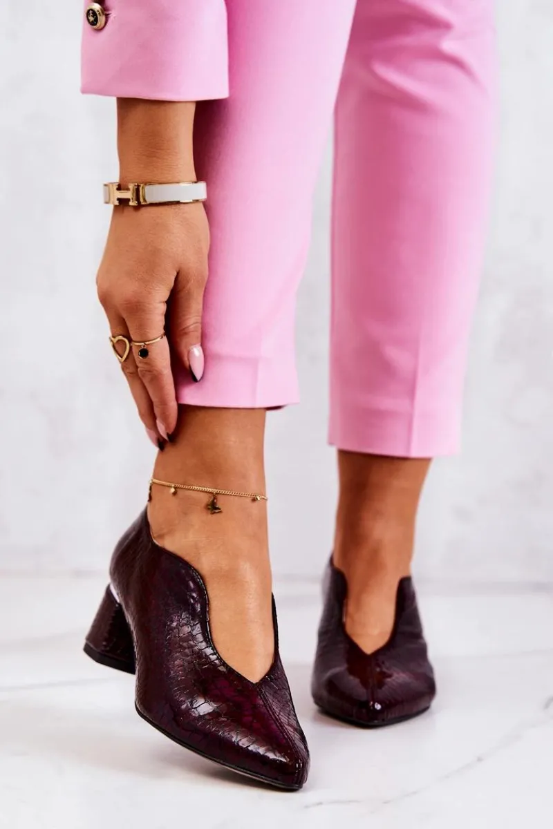 Czółenka Na Słupku>Boto Skórzane Wężowe Czółenka Bordowe Alissa