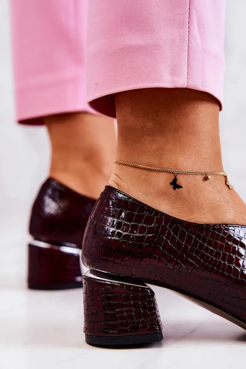 Czółenka Na Słupku>Boto Skórzane Wężowe Czółenka Bordowe Alissa