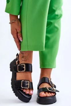 Sandały Płaskie>Boto Skórzane Wygodne Sandały Czarne Alayah