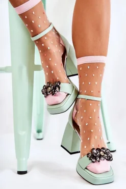 Clearance Boto Skórzane Wygodne Sandały Z Kryształami Zielone Absence