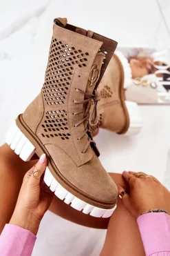 Outlet Skórzane Wysokie Botki Workery Nicole Jasnobrązowe 2706 Damskie Botki Wiosenne|Brązowe I Beżowe Botki