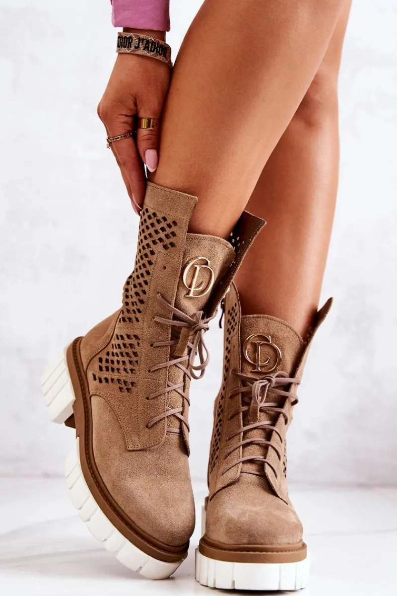 Outlet Skórzane Wysokie Botki Workery Nicole Jasnobrązowe 2706 Damskie Botki Wiosenne|Brązowe I Beżowe Botki