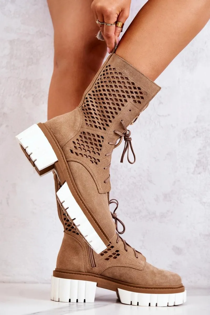 Outlet Skórzane Wysokie Botki Workery Nicole Jasnobrązowe 2706 Damskie Botki Wiosenne|Brązowe I Beżowe Botki