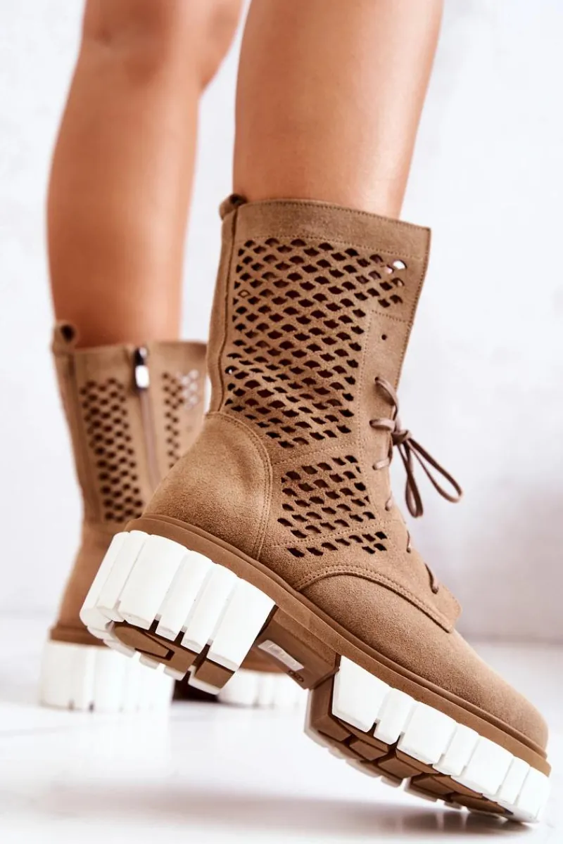 Outlet Skórzane Wysokie Botki Workery Nicole Jasnobrązowe 2706 Damskie Botki Wiosenne|Brązowe I Beżowe Botki