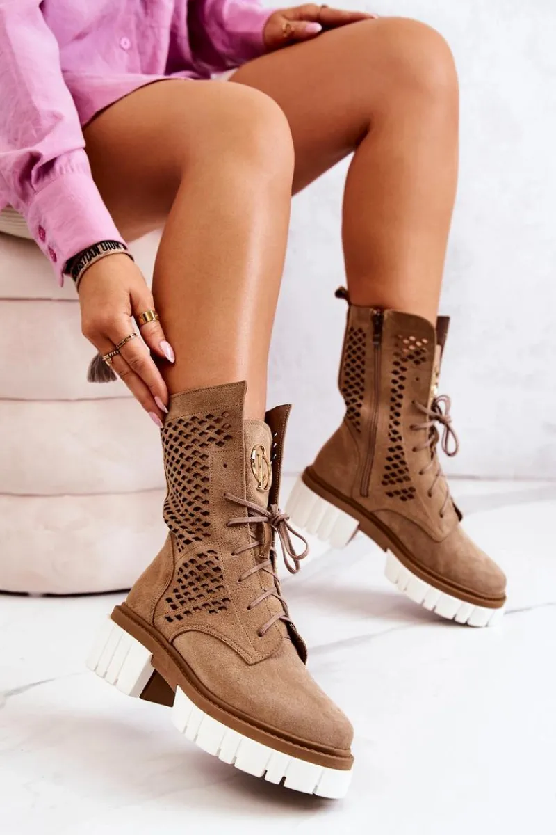 Outlet Skórzane Wysokie Botki Workery Nicole Jasnobrązowe 2706 Damskie Botki Wiosenne|Brązowe I Beżowe Botki