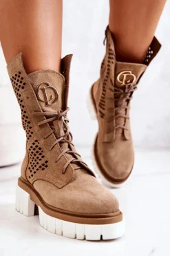 Outlet Skórzane Wysokie Botki Workery Nicole Jasnobrązowe 2706 Damskie Botki Wiosenne|Brązowe I Beżowe Botki