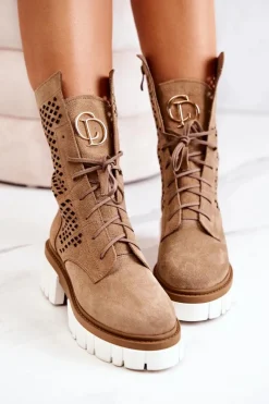 Outlet Skórzane Wysokie Botki Workery Nicole Jasnobrązowe 2706 Damskie Botki Wiosenne|Brązowe I Beżowe Botki