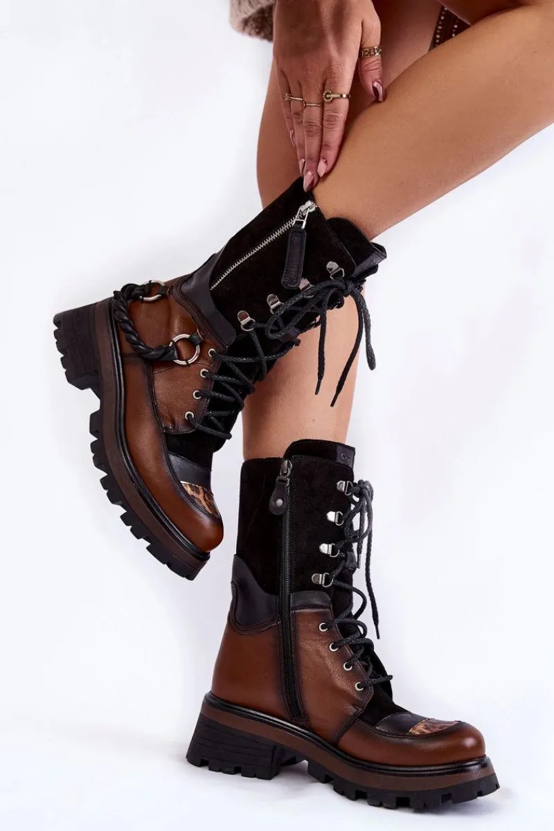 Botki Maciejka|Czarne Botki>Maciejka Skórzane Wysokie Botki Workery 05586-29 Brązowo-Czarne