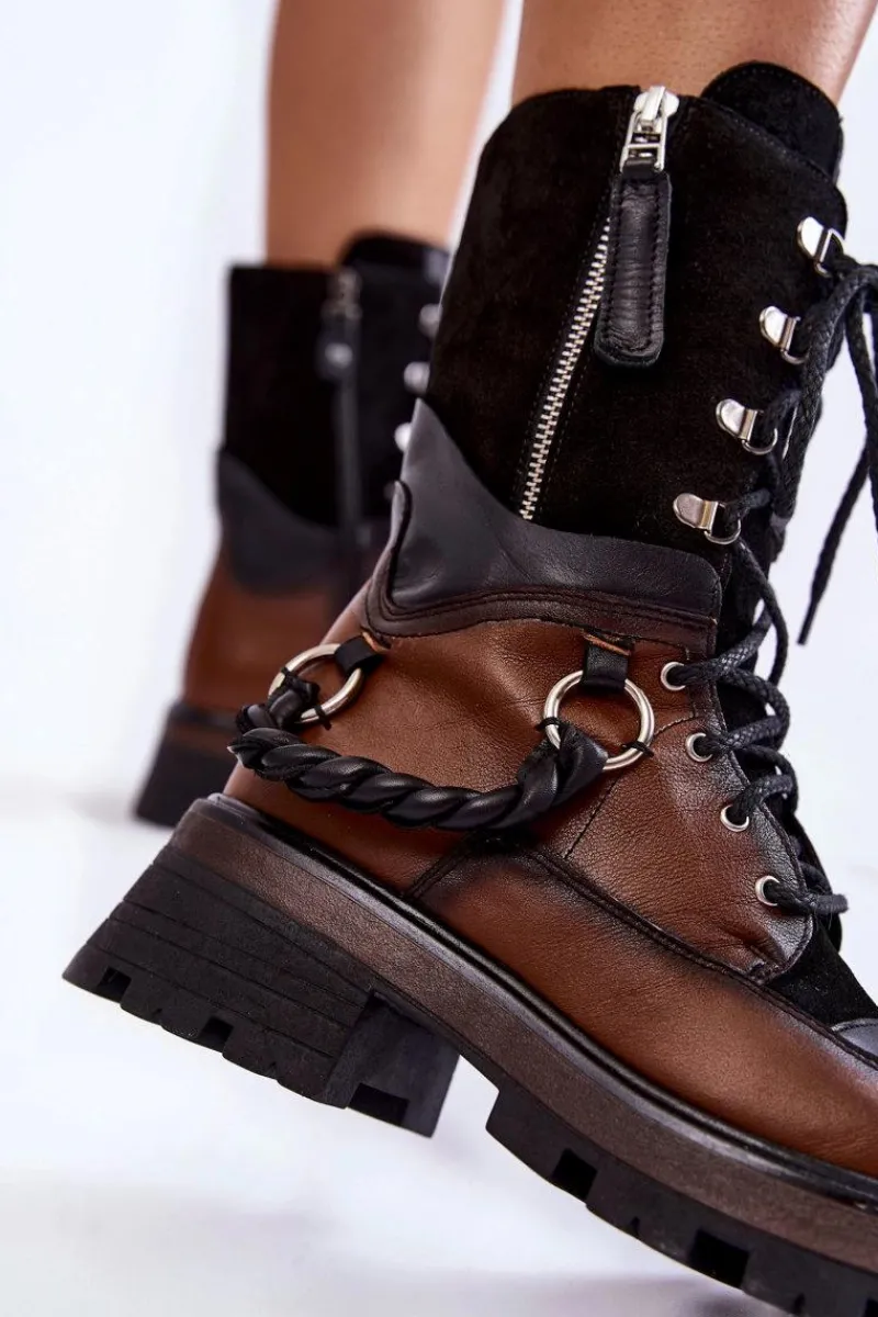 Botki Maciejka|Czarne Botki>Maciejka Skórzane Wysokie Botki Workery 05586-29 Brązowo-Czarne