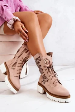 Botki Wiosenne|Brązowe I Beżowe Botki>Boto Skórzane Wysokie Botki Workery Nicole Różowe 2706