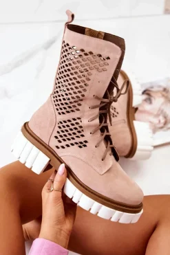 Botki Wiosenne|Brązowe I Beżowe Botki>Boto Skórzane Wysokie Botki Workery Nicole Różowe 2706