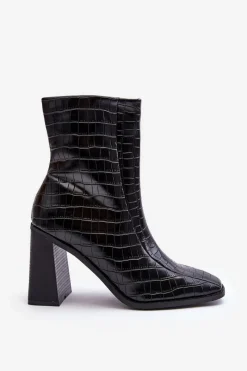 Outlet Boto Skórzane Wysokie Botki Wężowy Wzór Czarne Kornell