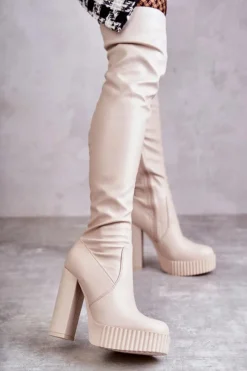 Kozaki Za Kolano|Kozaki Na Obcasie>Boto Skórzane Wysokie Kozaki Na Platformie Beżowe Katrina