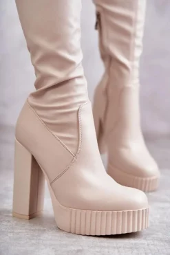 Kozaki Za Kolano|Kozaki Na Obcasie></noscript>Boto Skórzane Wysokie Kozaki Na Platformie Beżowe Katrina