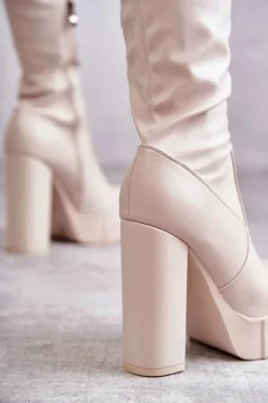 Kozaki Za Kolano|Kozaki Na Obcasie></noscript>Boto Skórzane Wysokie Kozaki Na Platformie Beżowe Katrina