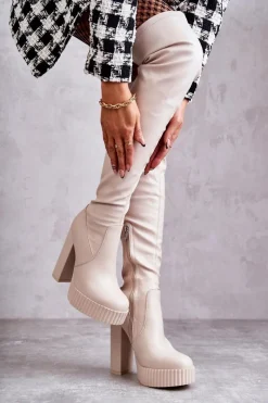 Kozaki Za Kolano|Kozaki Na Obcasie></noscript>Boto Skórzane Wysokie Kozaki Na Platformie Beżowe Katrina