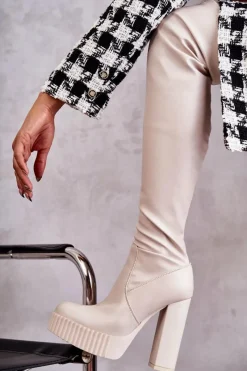 Kozaki Za Kolano|Kozaki Na Obcasie></noscript>Boto Skórzane Wysokie Kozaki Na Platformie Beżowe Katrina