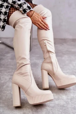 Kozaki Za Kolano|Kozaki Na Obcasie></noscript>Boto Skórzane Wysokie Kozaki Na Platformie Beżowe Katrina