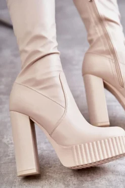 Kozaki Za Kolano|Kozaki Na Obcasie></noscript>Boto Skórzane Wysokie Kozaki Na Platformie Beżowe Katrina