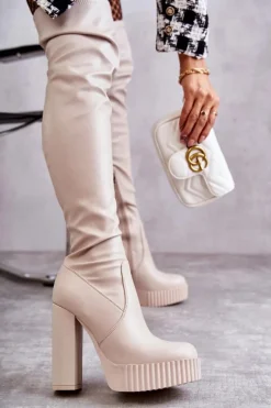 Kozaki Za Kolano|Kozaki Na Obcasie></noscript>Boto Skórzane Wysokie Kozaki Na Platformie Beżowe Katrina