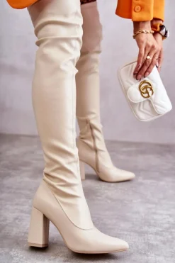 New Skórzane Wysokie Kozaki Na Obcasie Beżowe Casto Damskie Kozaki Wiosenne|Kozaki Za Kolano